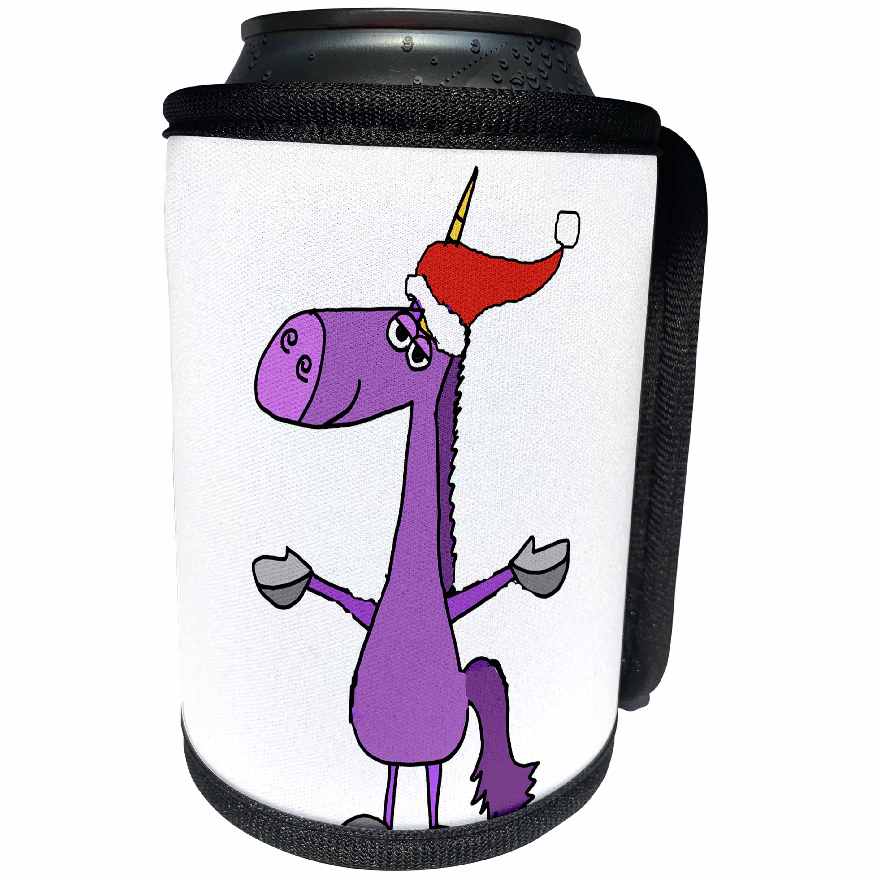 3dRose All Smiles Art Holidays - Funny Cute Christmas Unicorn in Santa Claus hat - Can Cooler Bottle Wrap (cc_252619)