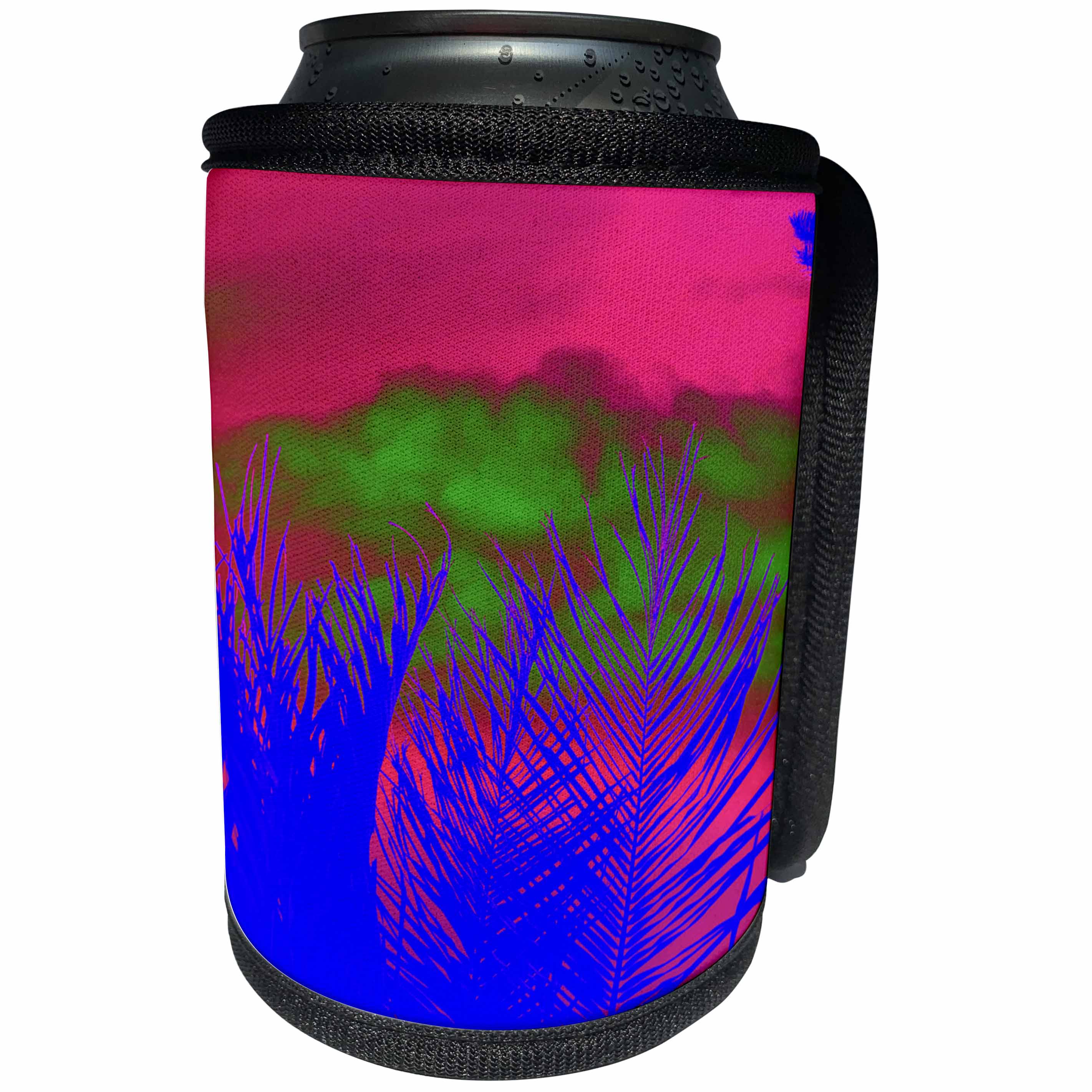 3dRose Florene Neon Art - Image of Neon Blue Palm With Neon Fuchsia Sky - Can Cooler Bottle Wrap (cc_252622)