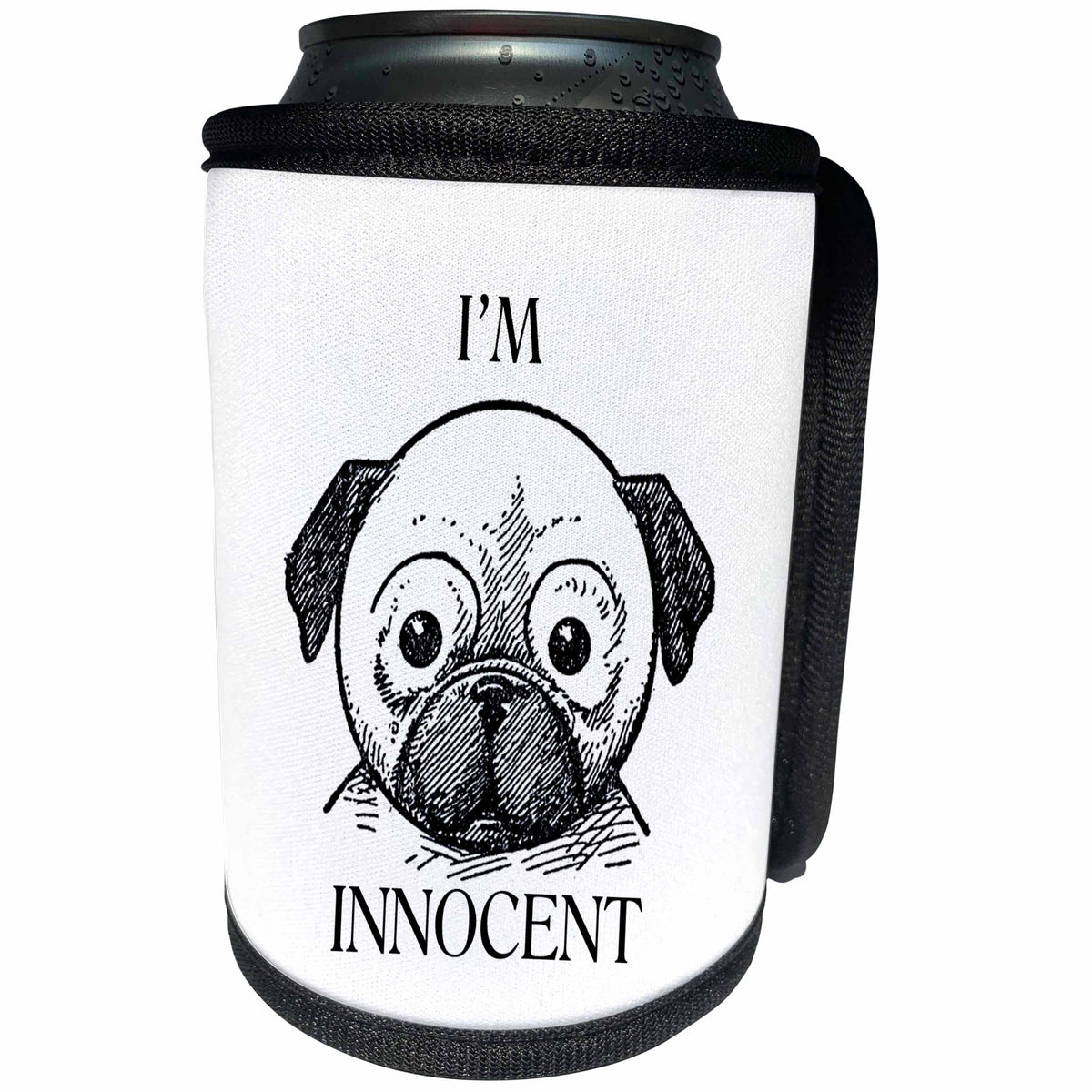 3dRose Florene Humor II - Image of Funny Dog Face Says Im Innocent - Can Cooler Bottle Wrap (cc_252624)