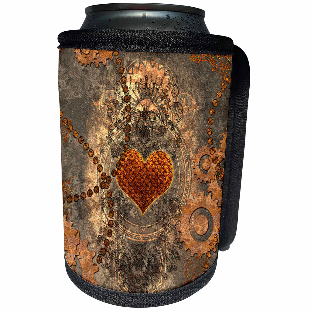 3dRose Heike Köhnen Design Steampunk - Steampunk, heart and gears rusty metal - Can Cooler Bottle Wrap (cc_252732)