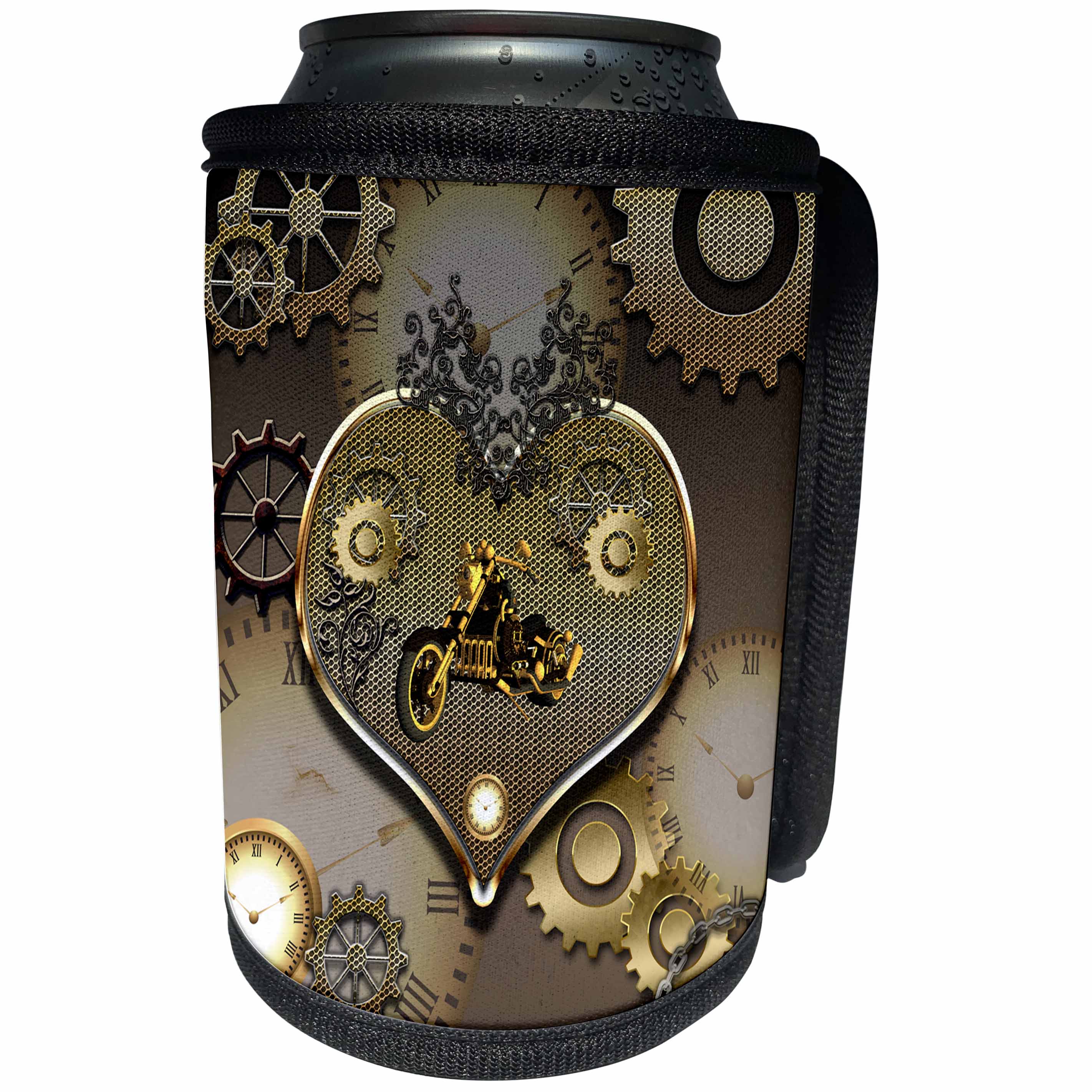 3dRose Heike Köhnen Design Steampunk - Steampunk awesome motorcycle with clocks and gears - Can Cooler Bottle Wrap (cc_252734)