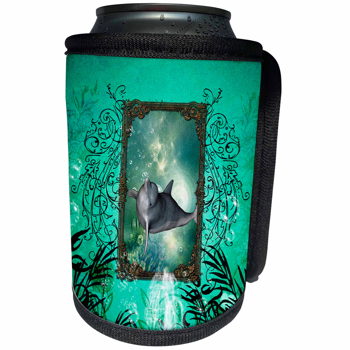 3dRose Heike Köhnen Design Animal Dolphin - Beautiful dolphin jumping by a frame - Can Cooler Bottle Wrap (cc_252736)