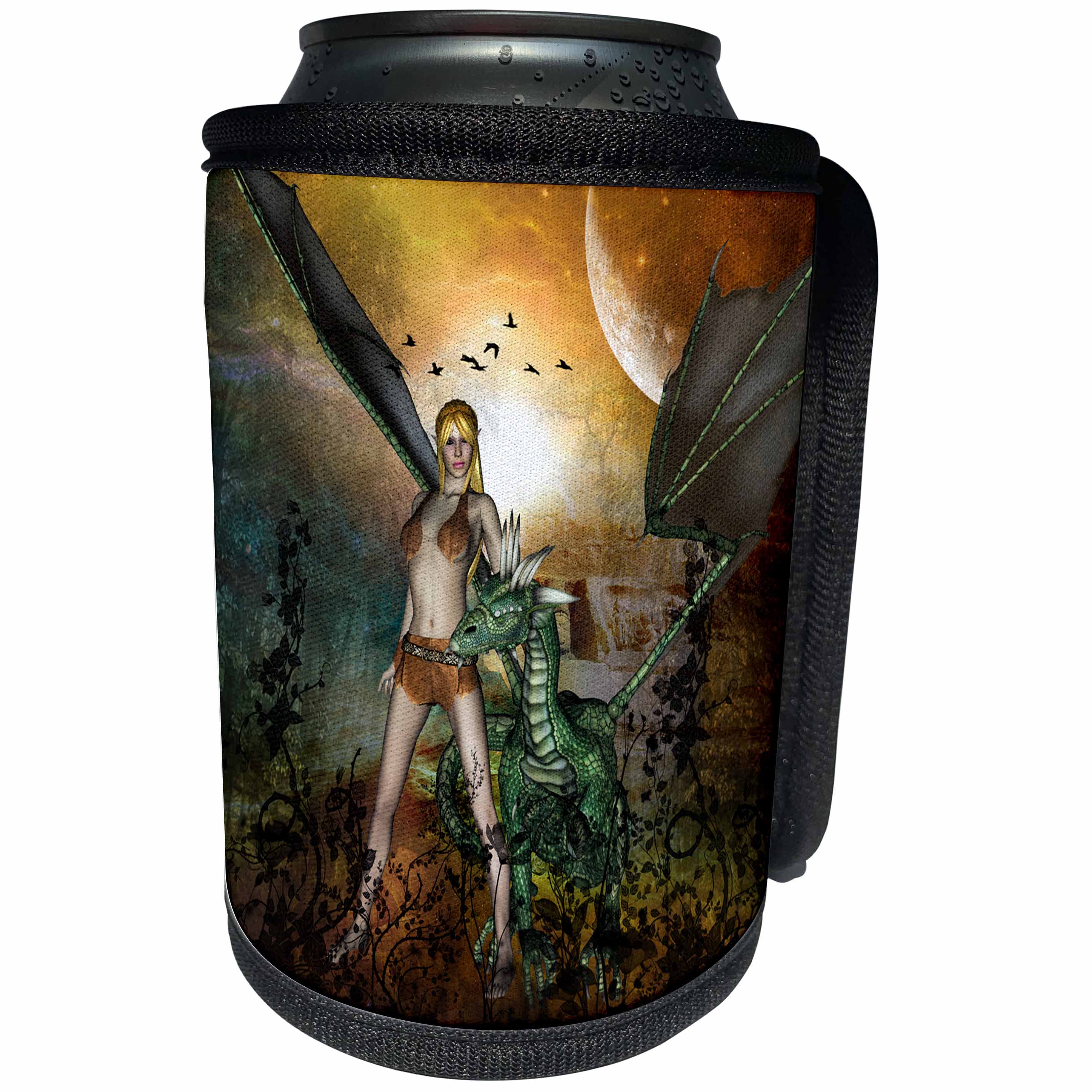 3dRose Heike Köhnen Design Fantasy - The dragon with wonderful fairy in the night - Can Cooler Bottle Wrap (cc_252742)