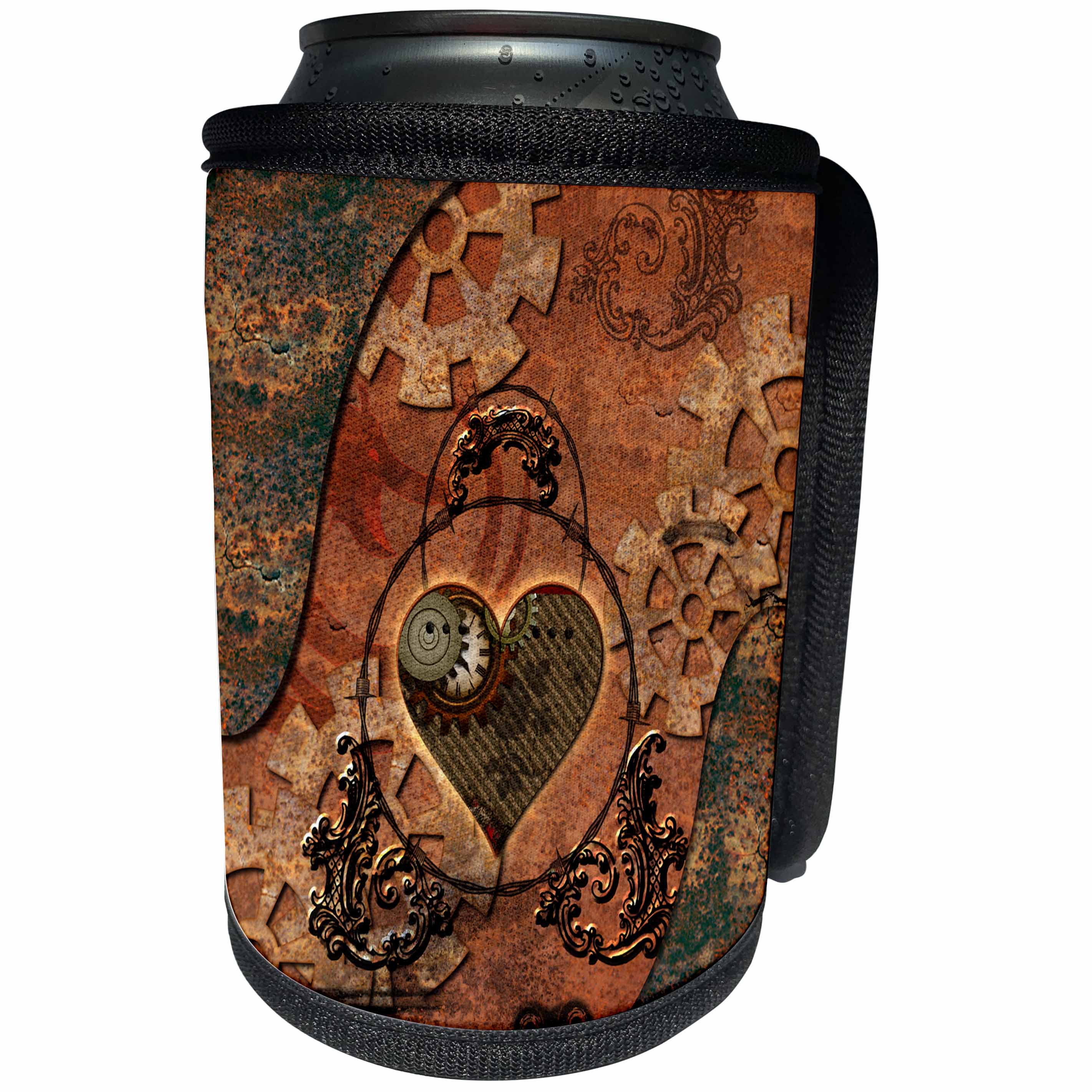 3dRose Heike Köhnen Design Steampunk - Steampunk wonderful heart clocks and gears - Can Cooler Bottle Wrap (cc_252744)