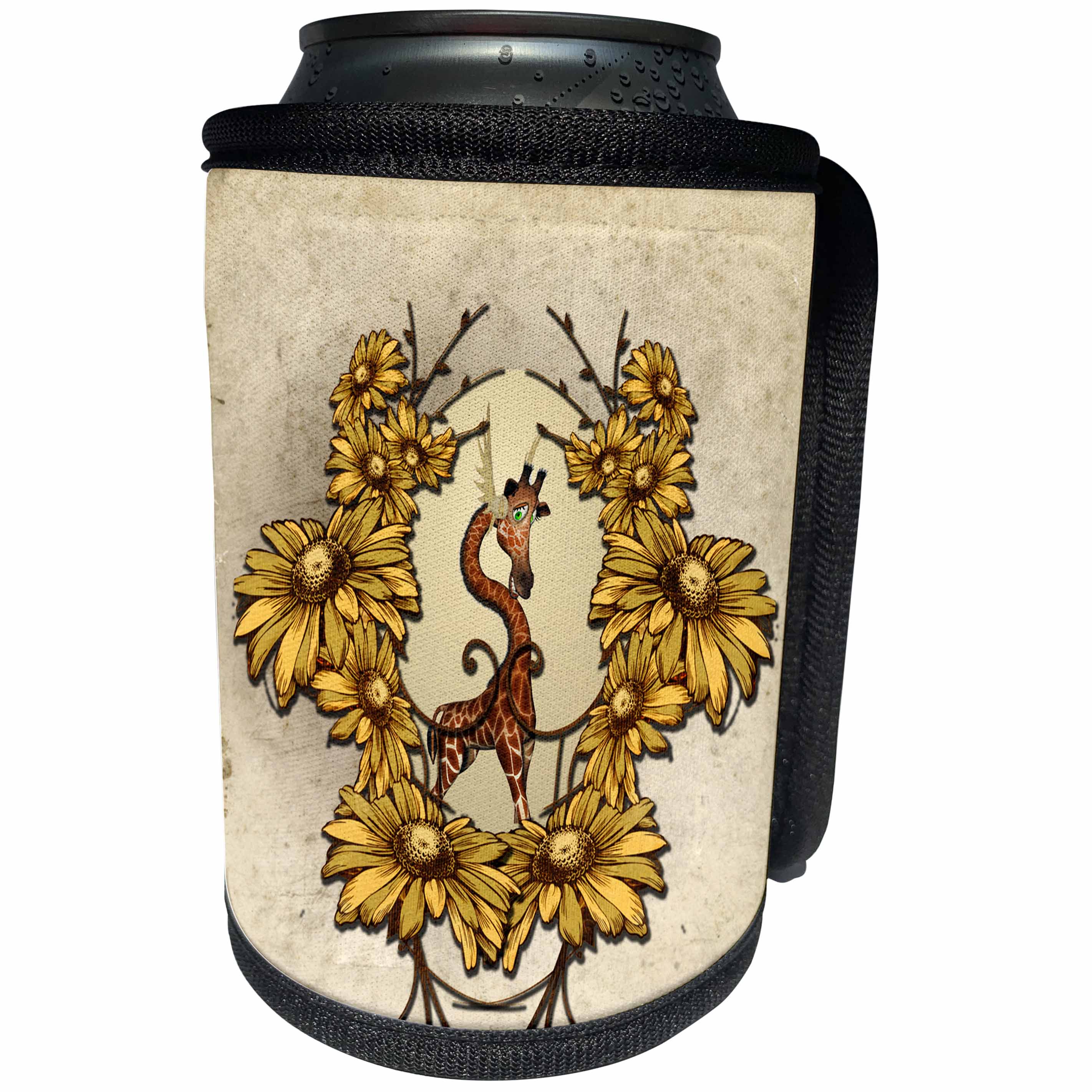 3dRose Heike Köhnen Design Animal Giraffe Cartoon - Funny, happy giraffe with flowers - Can Cooler Bottle Wrap (cc_252757)