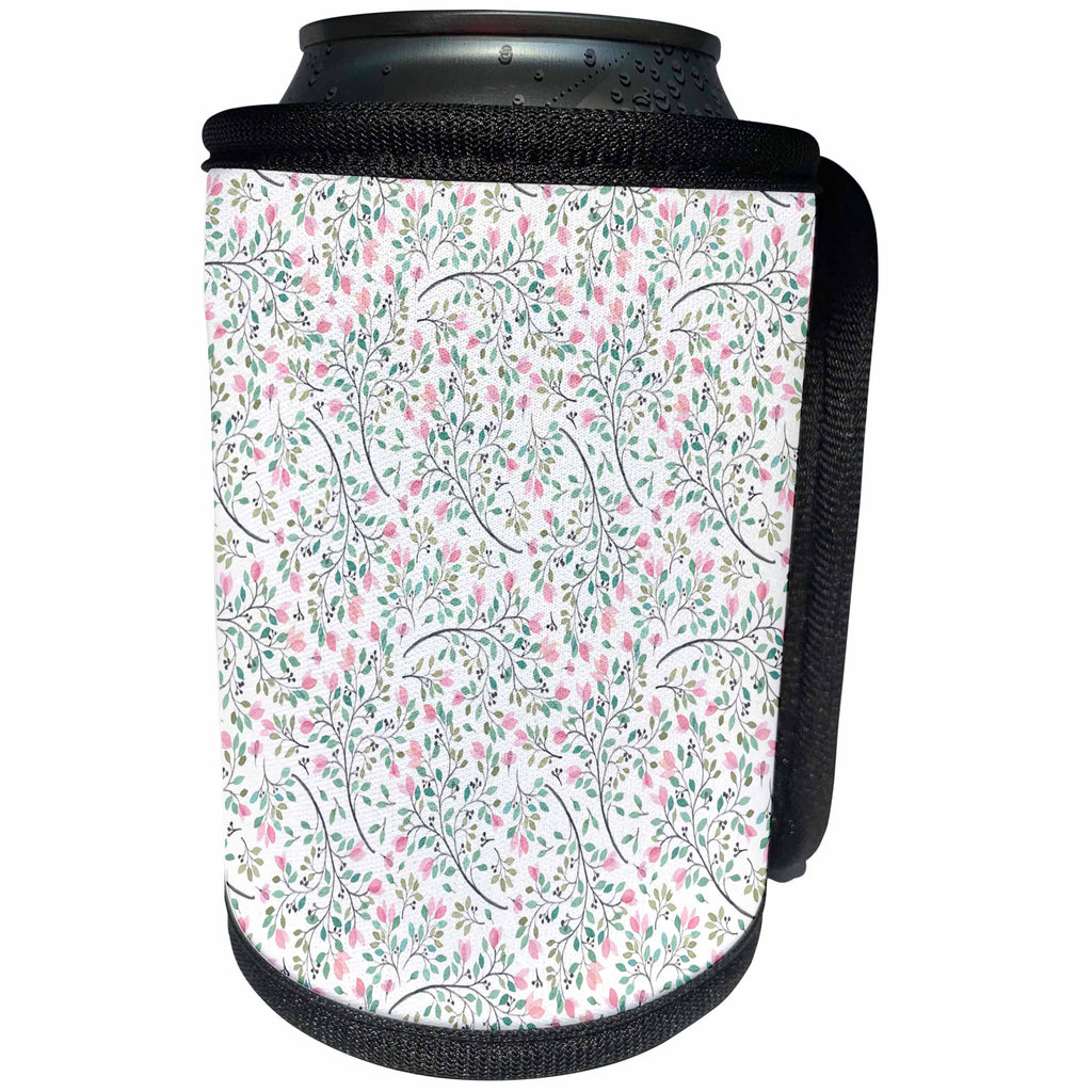 3dRose Anne Marie Baugh - Watercolor - Pretty Pink and Green Leafy and Floral Watercolor Pattern - Can Cooler Bottle Wrap (cc_252775)