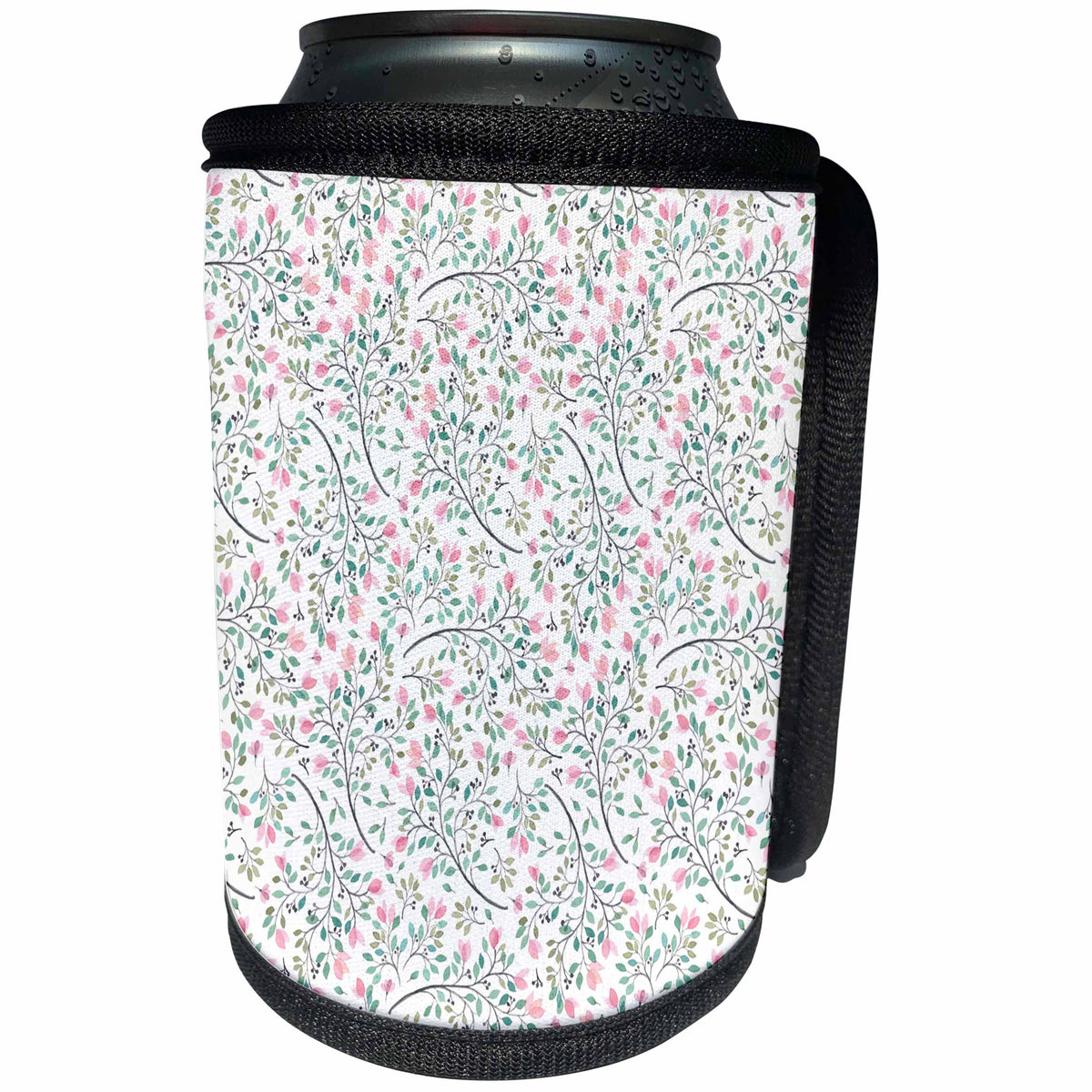 3dRose Anne Marie Baugh - Watercolor - Pretty Pink and Green Leafy and Floral Watercolor Pattern - Can Cooler Bottle Wrap (cc_252775)