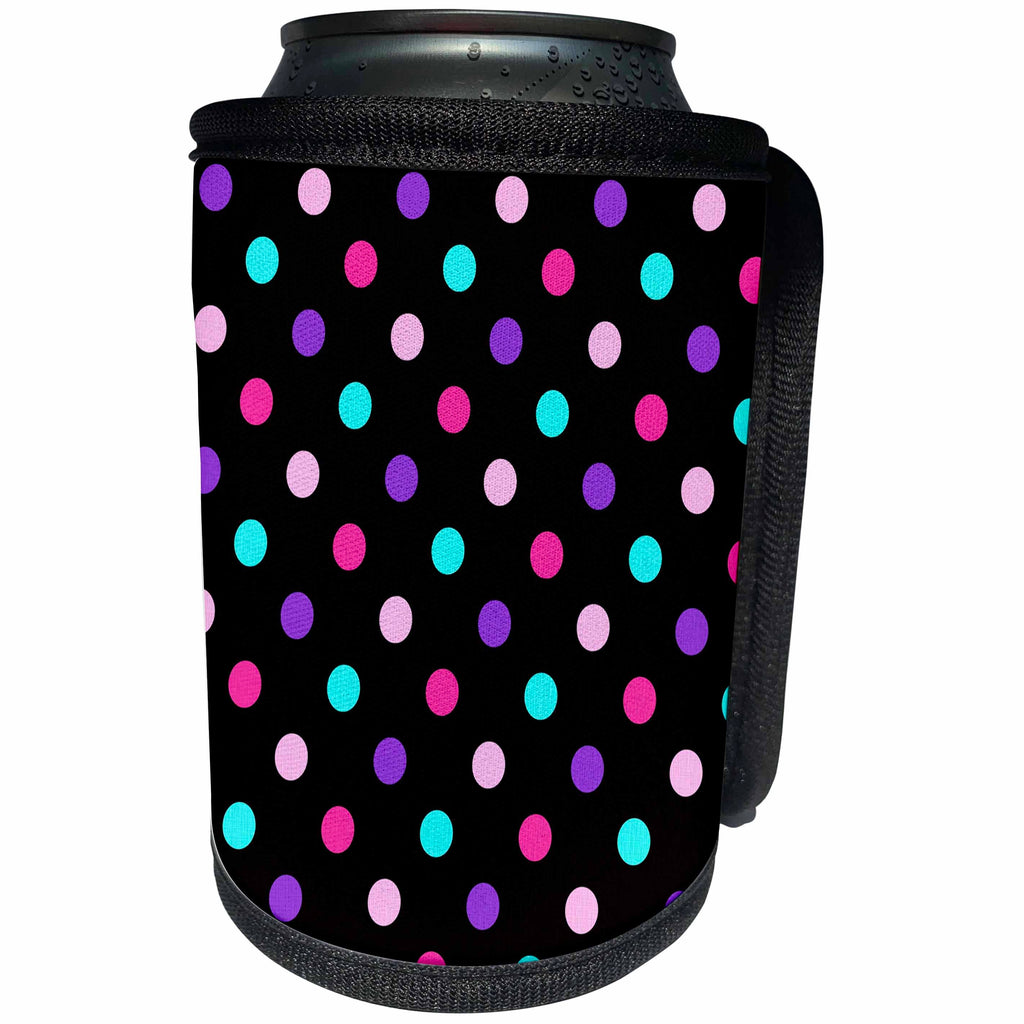 3dRose Anne Marie Baugh - Dots - Pink, Purple, Aqua Dots On A Black Background - Can Cooler Bottle Wrap (cc_252783)