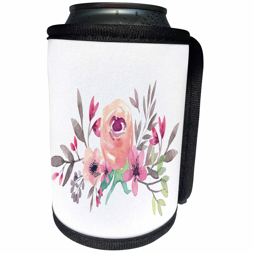 3dRose Anne Marie Baugh - Watercolor - Pretty Pink, Purple, and Gray Watercolor Floral Swag - Can Cooler Bottle Wrap (cc_252794)