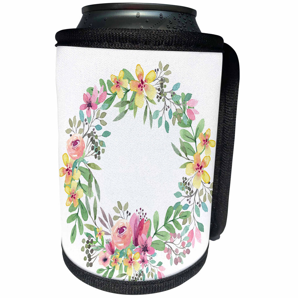 3dRose Anne Marie Baugh - Watercolor - Pretty Yellow, Pink, Purple, and Green Watercolor Floral Wreath - Can Cooler Bottle Wrap (cc_252800)