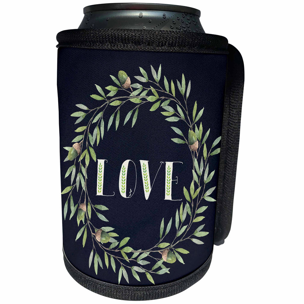 3dRose Anne Marie Baugh - Watercolor - Pretty Watercolor Leafy Wreath With Love In The Middle - Can Cooler Bottle Wrap (cc_252802)
