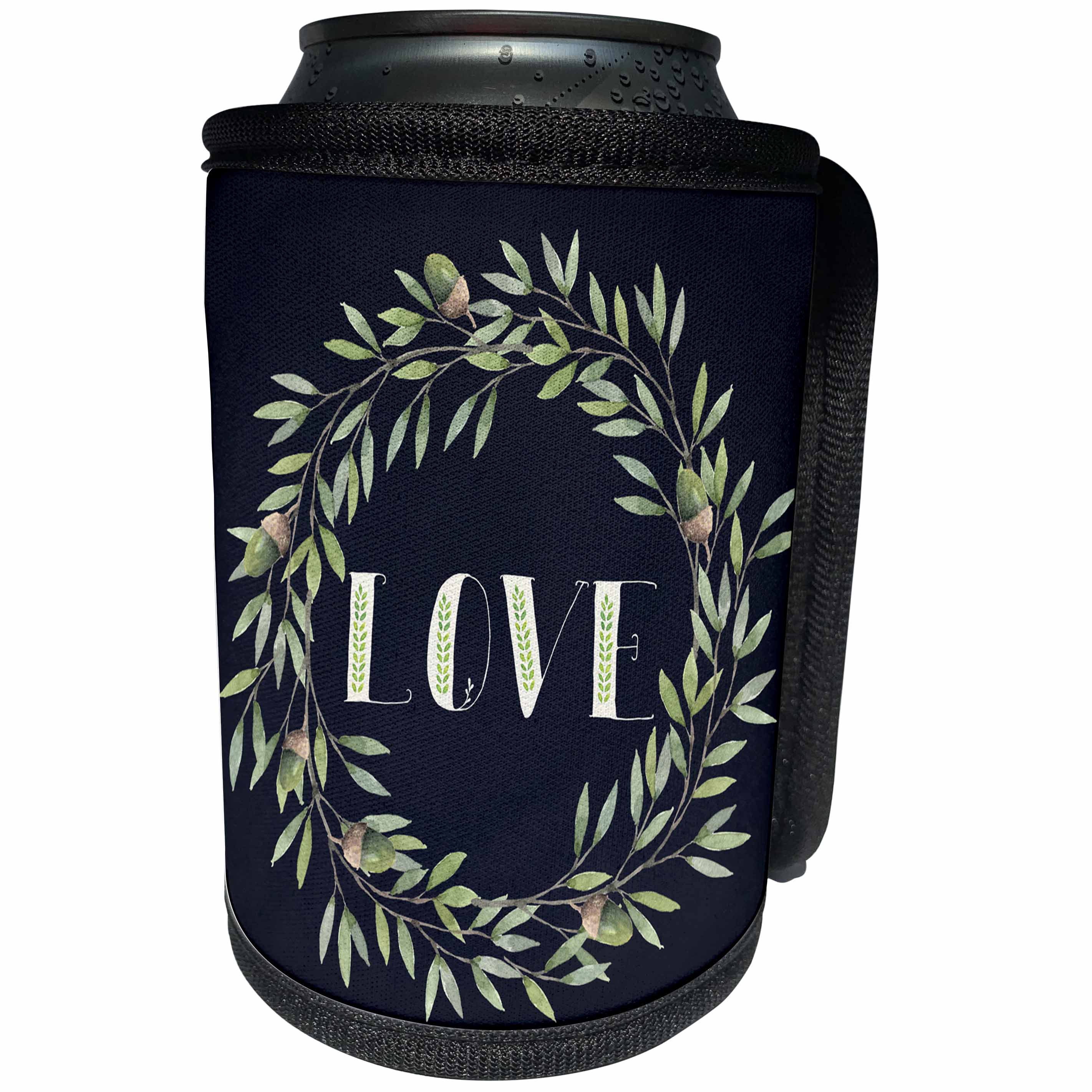 3dRose Anne Marie Baugh - Watercolor - Pretty Watercolor Leafy Wreath With Love In The Middle - Can Cooler Bottle Wrap (cc_252802)