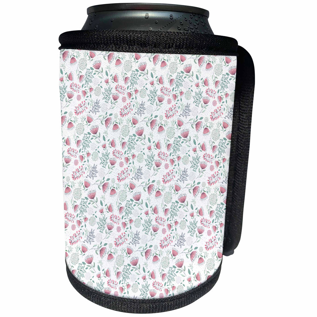 3dRose Anne Marie Baugh - Watercolor - Pretty Pink and Green Small Print Flower Pattern - Can Cooler Bottle Wrap (cc_252813)