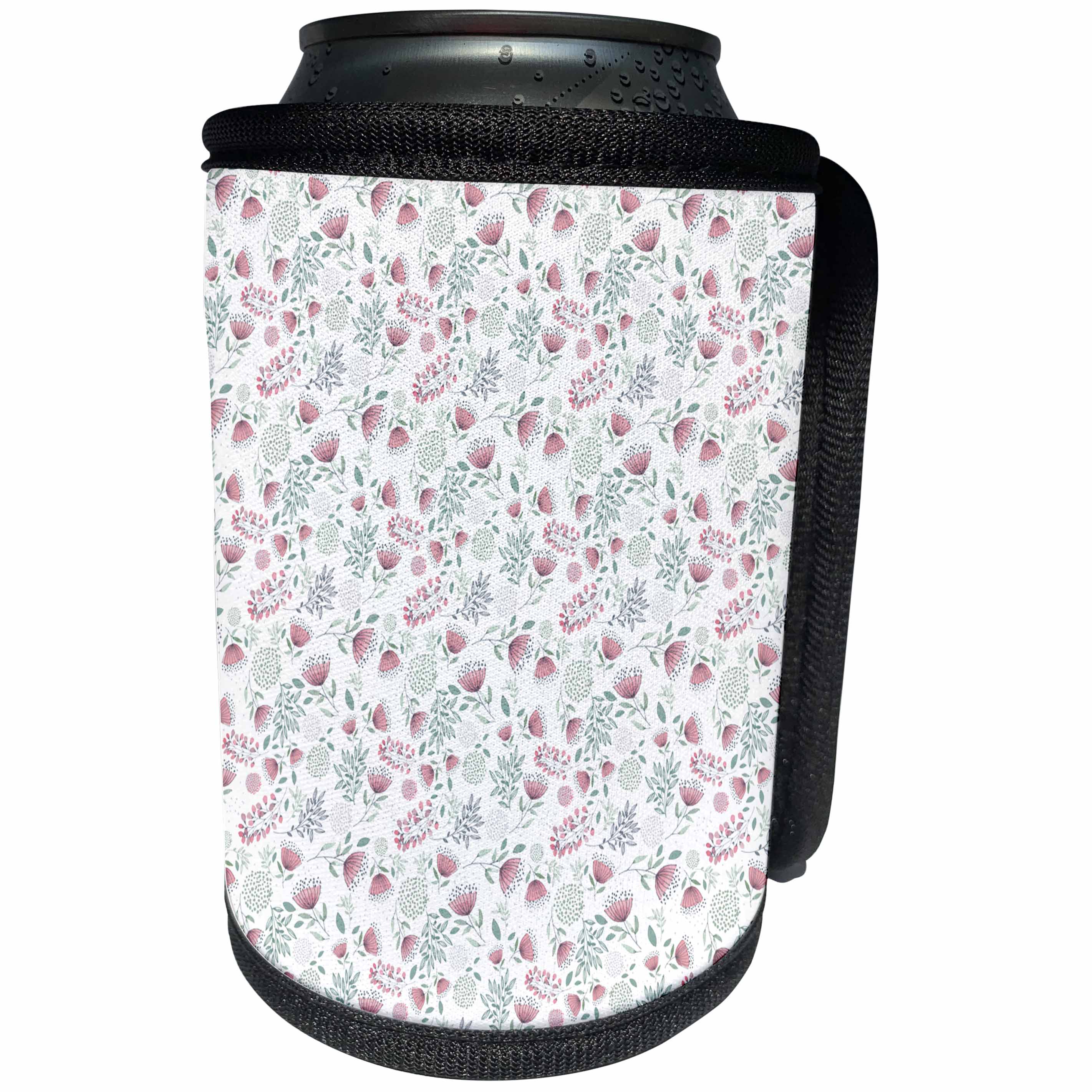 3dRose Anne Marie Baugh - Watercolor - Pretty Pink and Green Small Print Flower Pattern - Can Cooler Bottle Wrap (cc_252813)