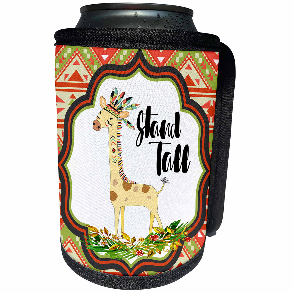 3dRose Anne Marie Baugh - Quotes - Cute Watercolor Tribal Giraffe Print With Stand Tall - Can Cooler Bottle Wrap (cc_252814)