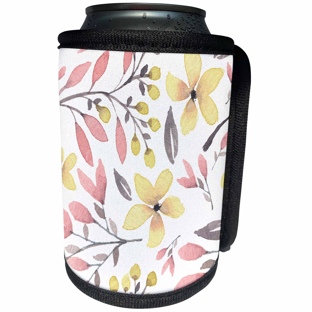 3dRose Anne Marie Baugh - Watercolor - Pretty Yellow, Pink, And Gray Large Print Floral Pattern - Can Cooler Bottle Wrap (cc_252818)