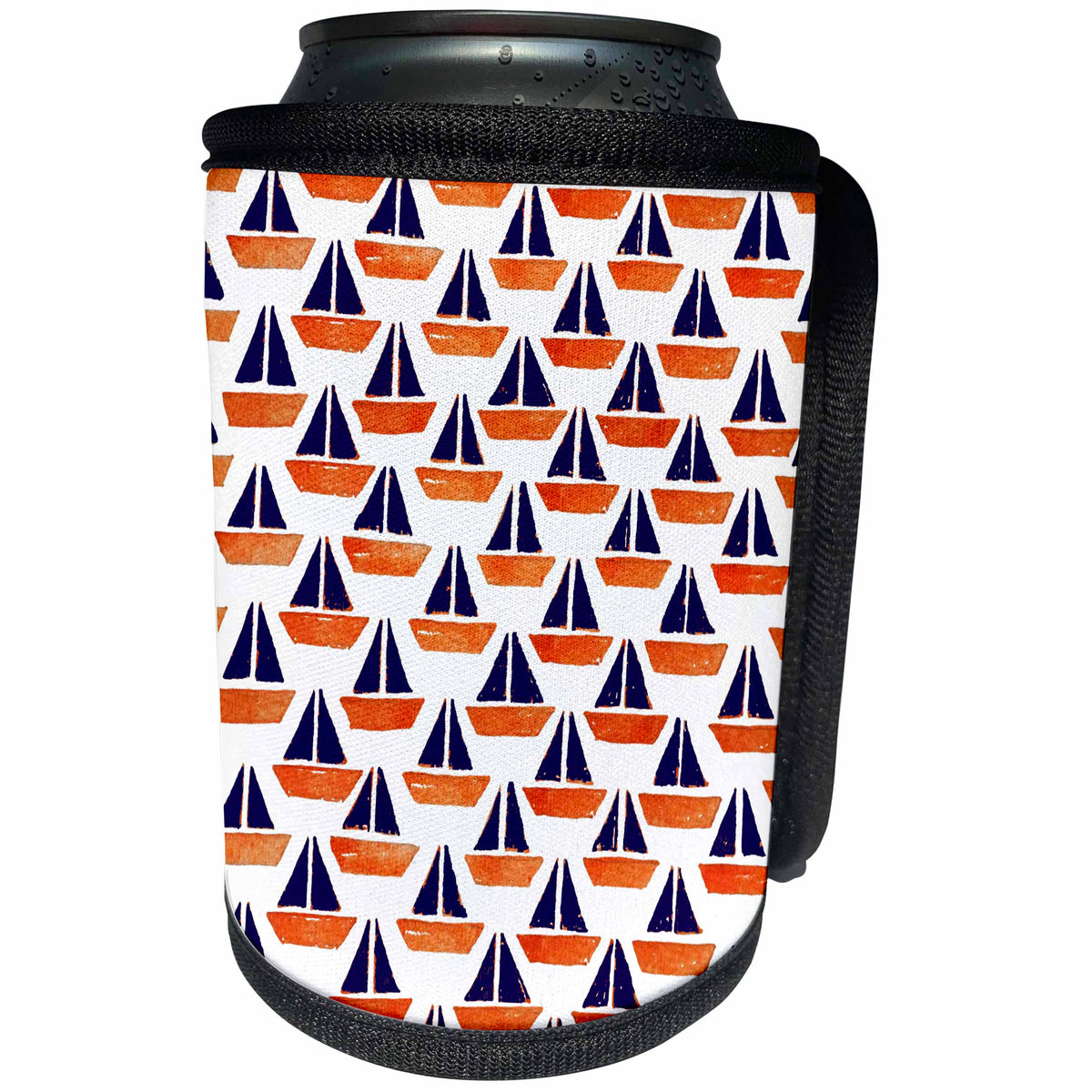 3dRose Anne Marie Baugh - Nautical - Watercolor Blue and Orange Sailboat Pattern - Can Cooler Bottle Wrap (cc_252824)