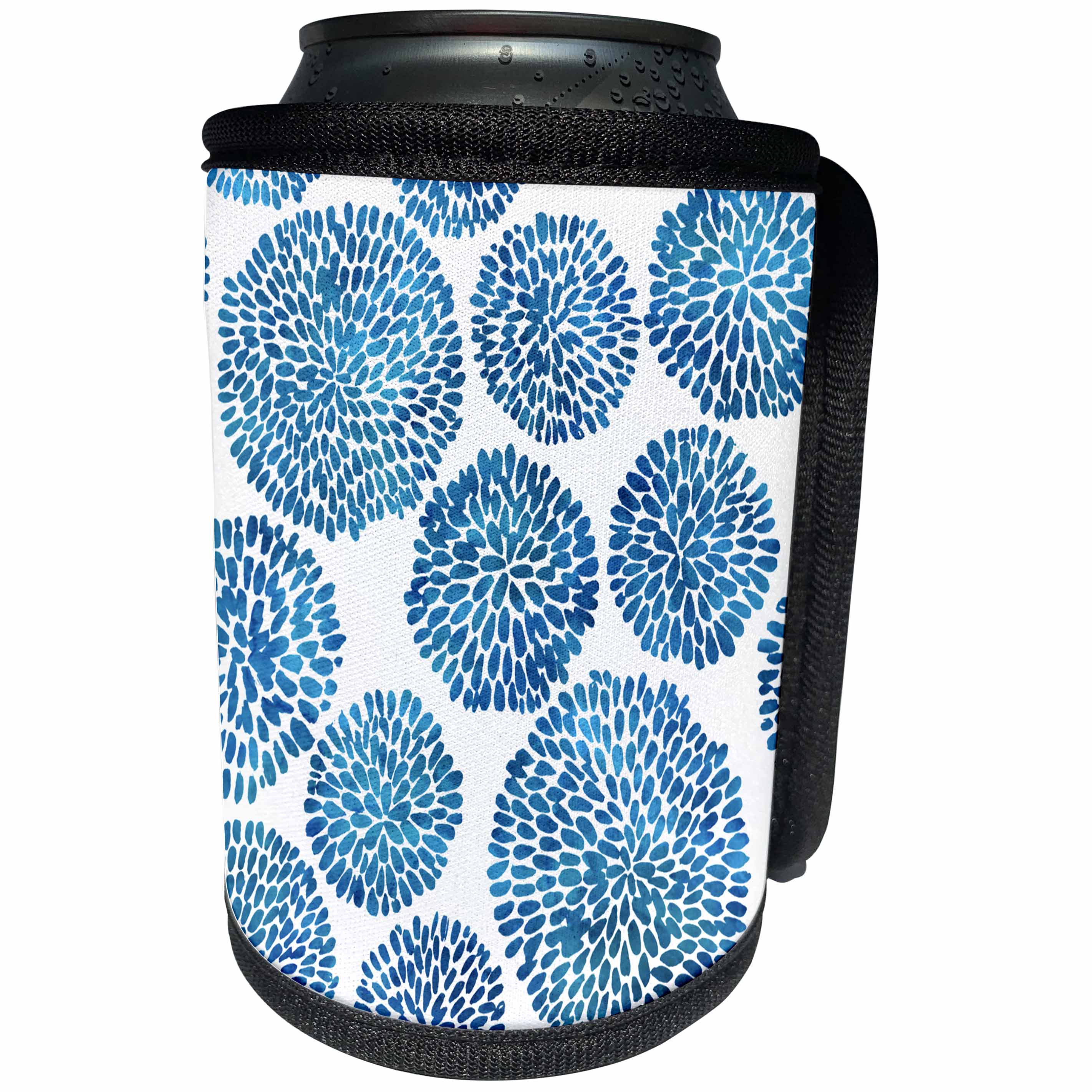 3dRose Anne Marie Baugh - Flowers - Pretty Bright Blue and White Watercolor Mum Flowers Pattern - Can Cooler Bottle Wrap (cc_252839)
