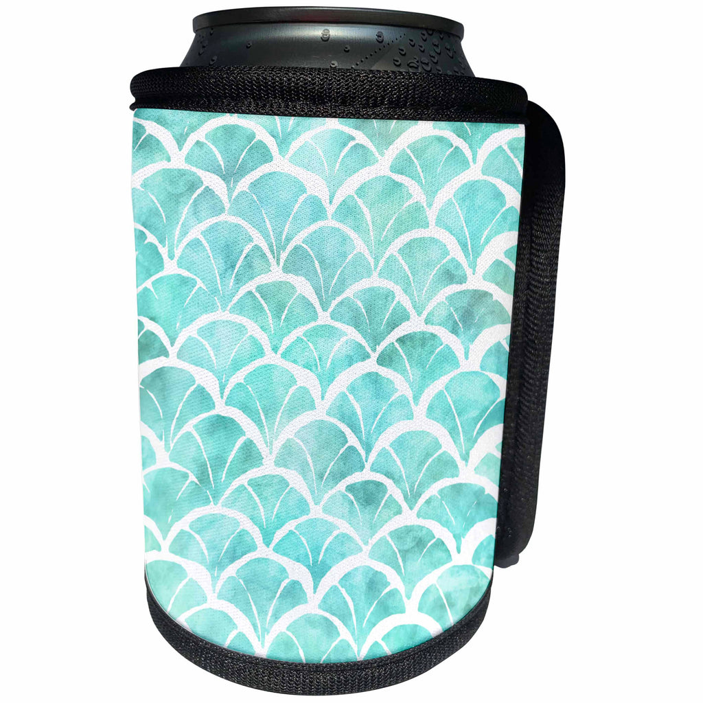 3dRose Anne Marie Baugh - Patterns - Pretty, Aqua and White Watercolor Japanese Fan Pattern - Can Cooler Bottle Wrap (cc_252843)
