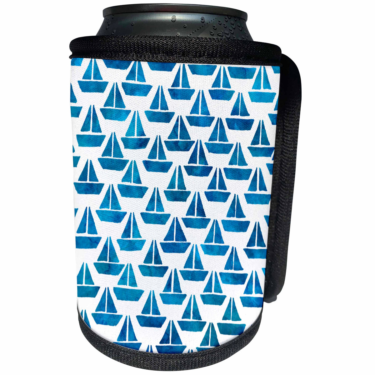 3dRose Anne Marie Baugh - Nautical - Bright Blue Watercolor Sailboats Pattern - Can Cooler Bottle Wrap (cc_252847)