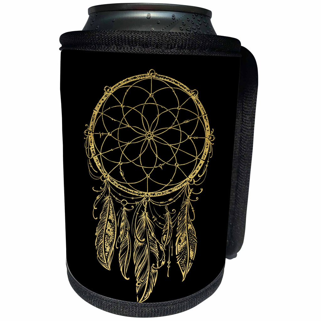 3dRose Anne Marie Baugh - Tribal - Pretty Gold Dream Catcher On A Black Background - Can Cooler Bottle Wrap (cc_252854)