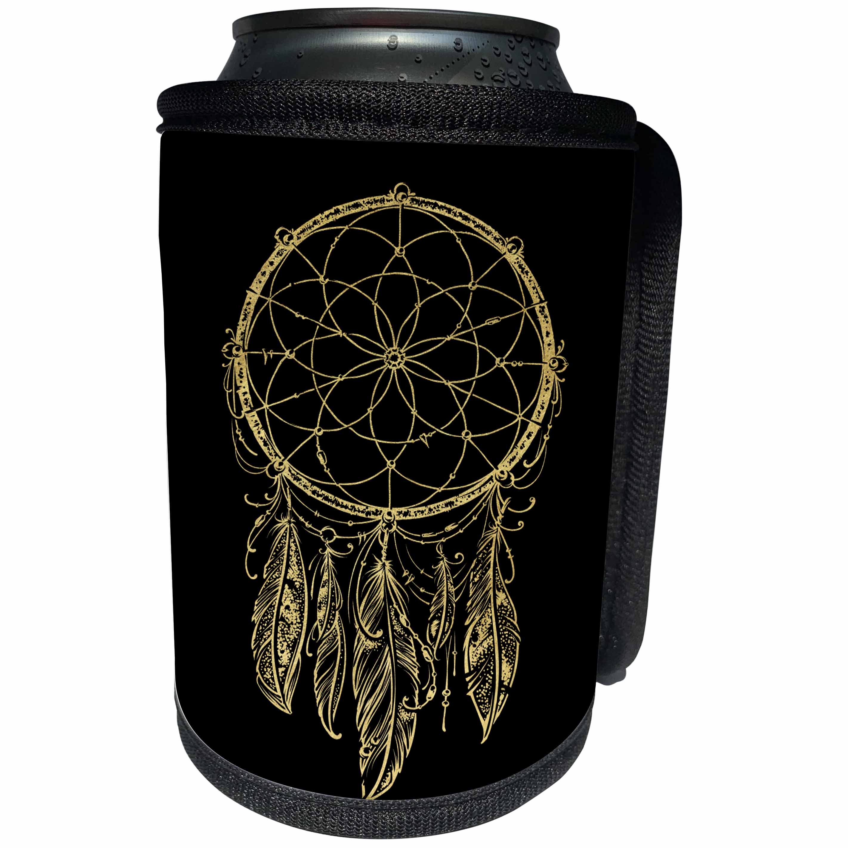 3dRose Anne Marie Baugh - Tribal - Pretty Gold Dream Catcher On A Black Background - Can Cooler Bottle Wrap (cc_252854)