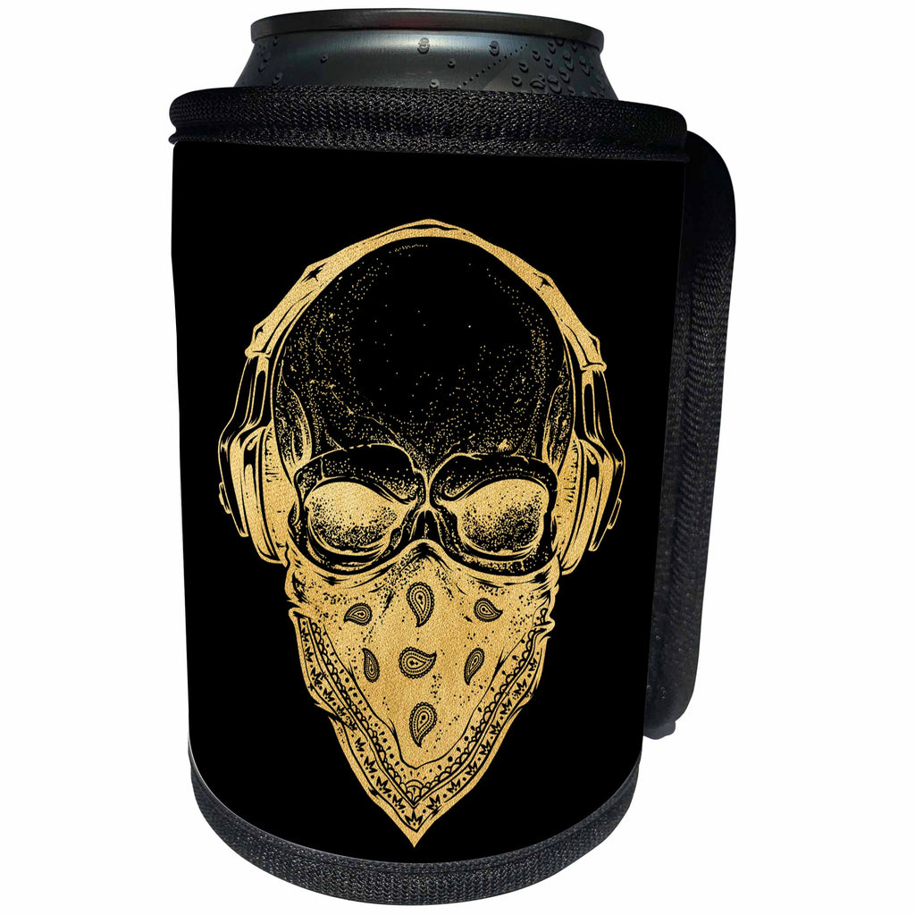 3dRose Anne Marie Baugh - Skulls - Gold and Black Bandana Skull On A Black Background - Can Cooler Bottle Wrap (cc_252855)