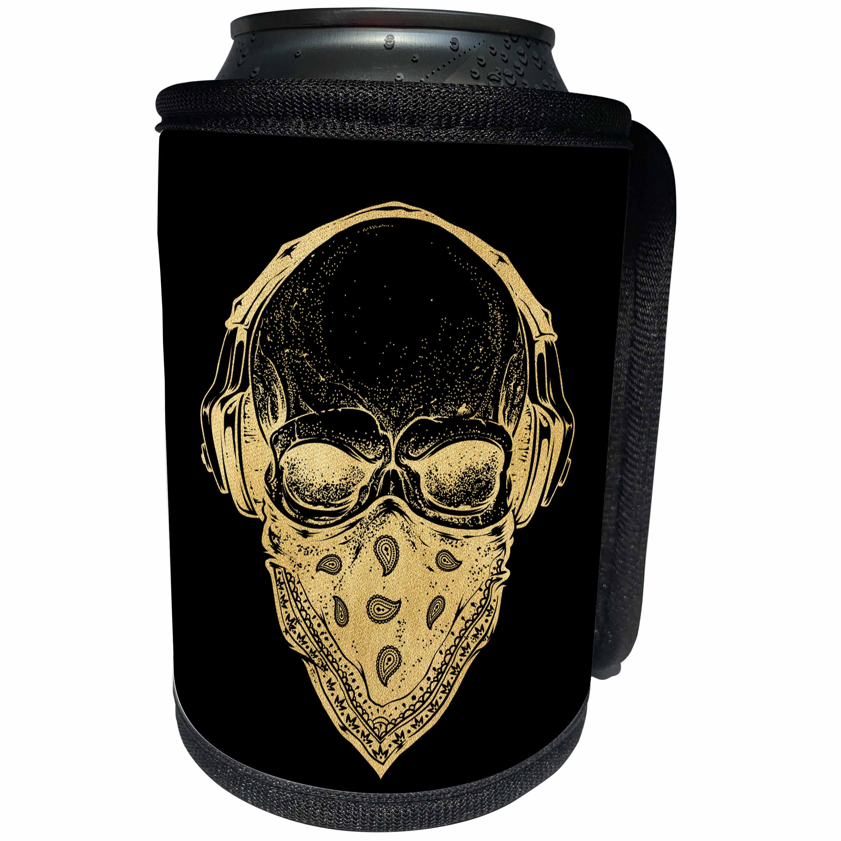 3dRose Anne Marie Baugh - Skulls - Gold and Black Bandana Skull On A Black Background - Can Cooler Bottle Wrap (cc_252855)