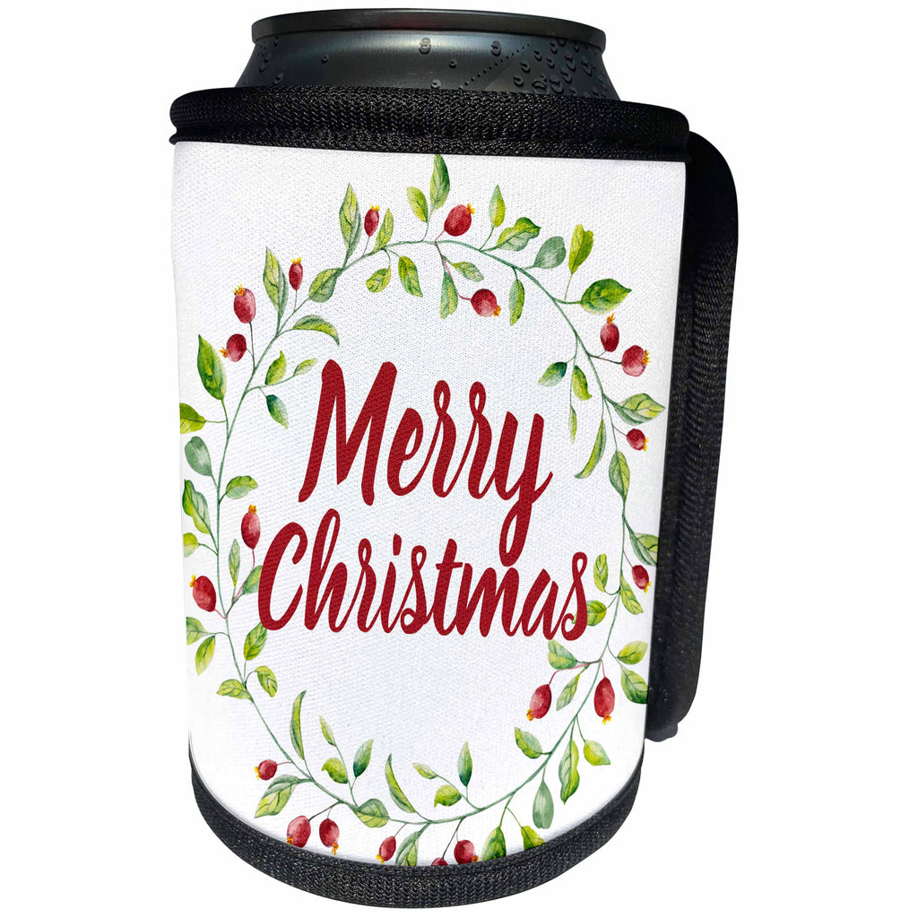 3dRose Anne Marie Baugh - Christmas - Pretty Watercolor Holly Berries and Leaves Wreath with Merry Christmas - Can Cooler Bottle Wrap (cc_252859)