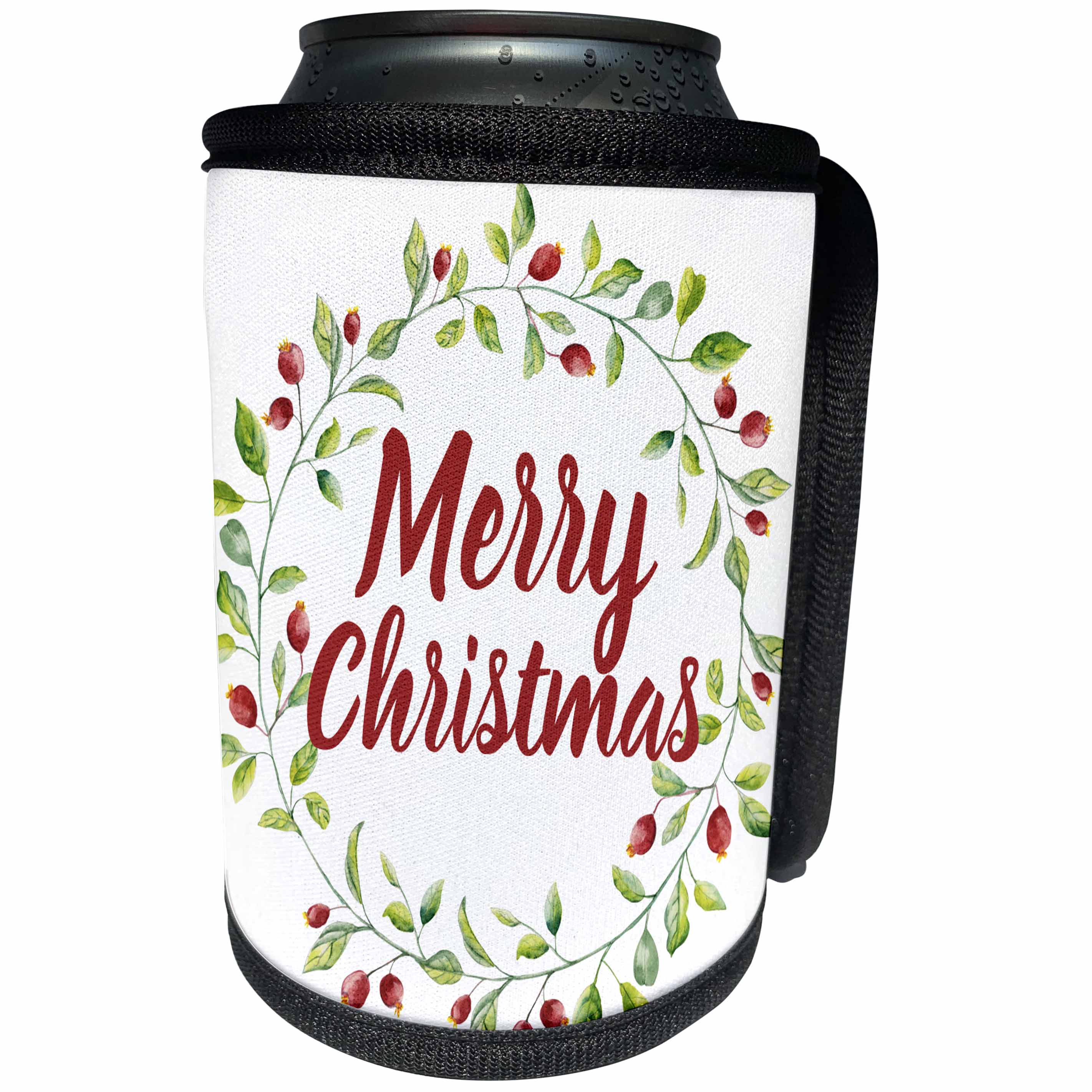 3dRose Anne Marie Baugh - Christmas - Pretty Watercolor Holly Berries and Leaves Wreath with Merry Christmas - Can Cooler Bottle Wrap (cc_252859)