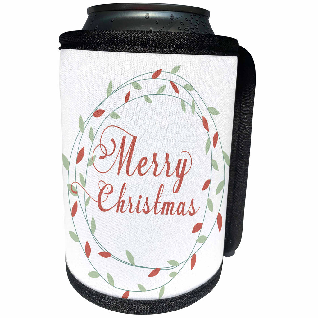 3dRose Anne Marie Baugh - Christmas - Cute Red and Green Leafy Wreath with Merry Christmas - Can Cooler Bottle Wrap (cc_252865)