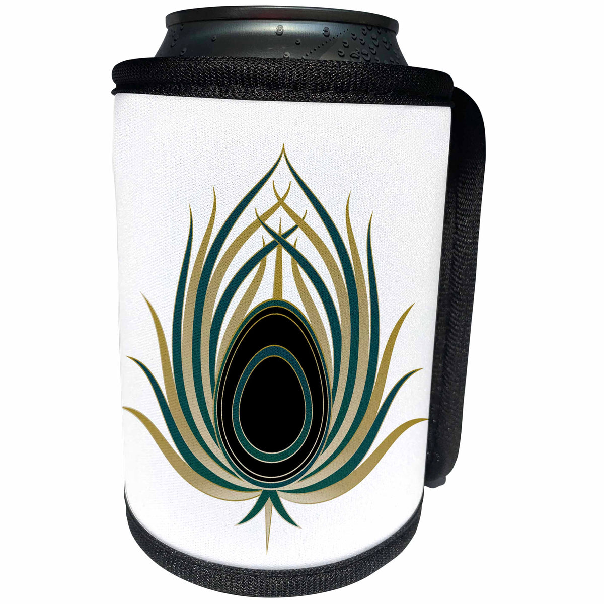 3dRose Anne Marie Baugh - Art Deco - Gold, Black, and Blue Green Art Deco Feather Design - Can Cooler Bottle Wrap (cc_252870)