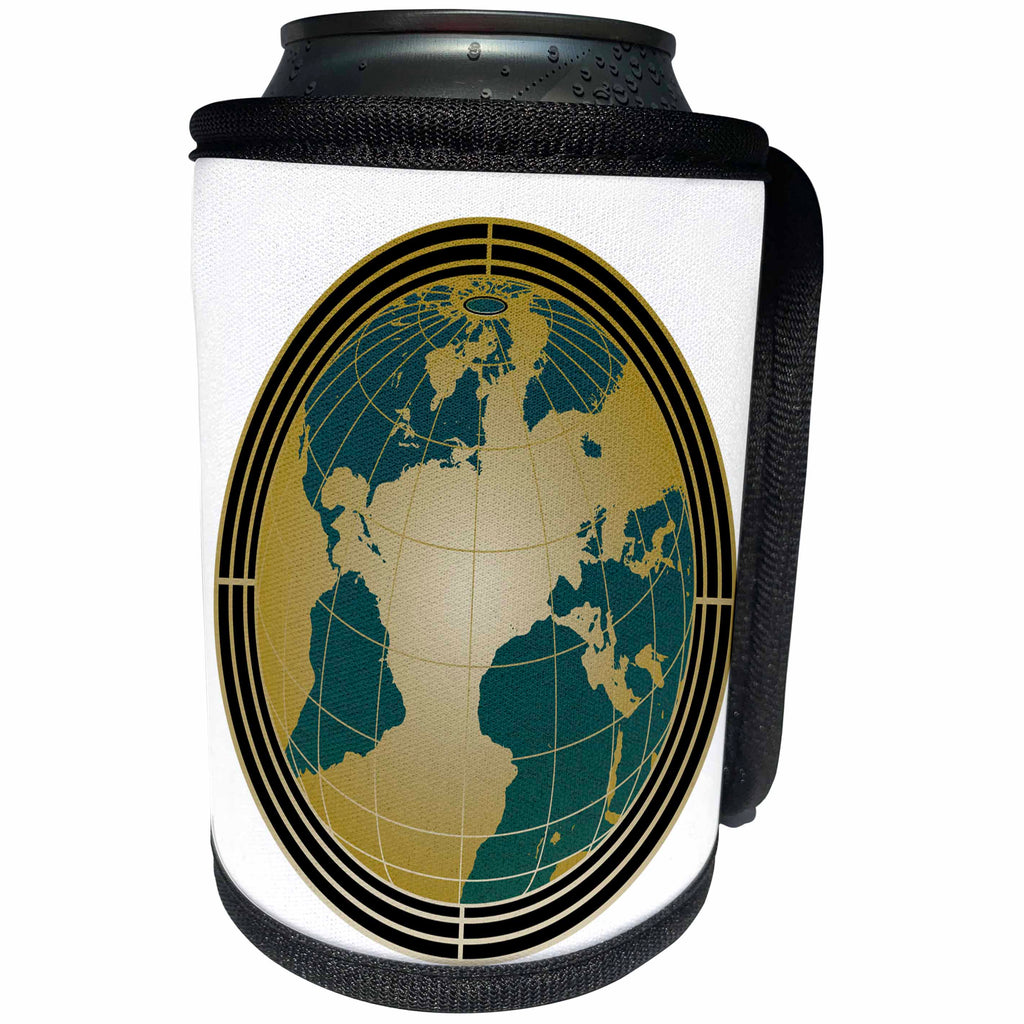 3dRose Anne Marie Baugh - Art Deco - Gold and Blue Green Art Deco World Globe Design - Can Cooler Bottle Wrap (cc_252871)