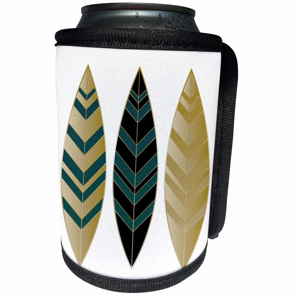 3dRose Anne Marie Baugh - Art Deco - Three Gold and Blue Green Art Deco Feathers - Can Cooler Bottle Wrap (cc_252872)