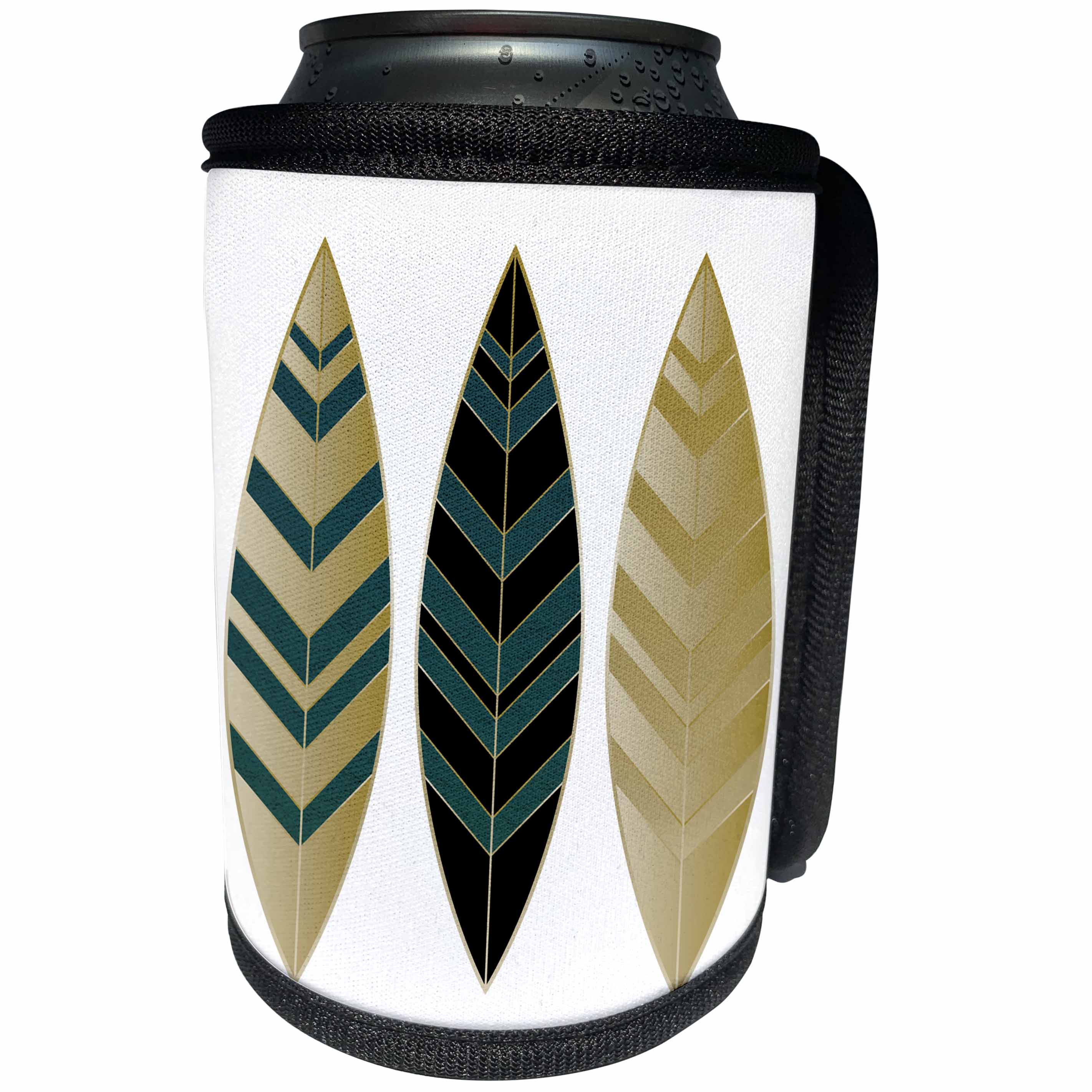 3dRose Anne Marie Baugh - Art Deco - Three Gold and Blue Green Art Deco Feathers - Can Cooler Bottle Wrap (cc_252872)