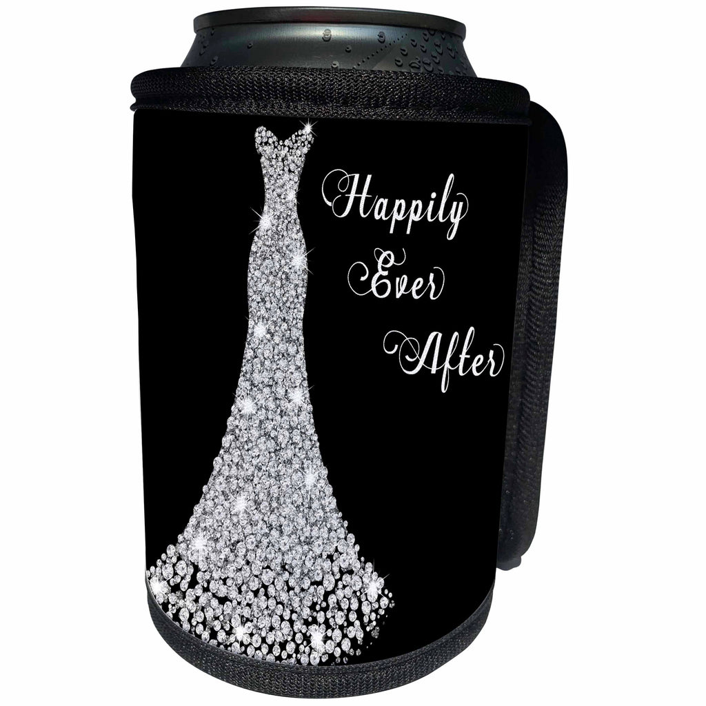3dRose Anne Marie Baugh - Quotes - Image of Sparkle White Wedding Gown with Happily Ever After Text - Can Cooler Bottle Wrap (cc_252876)