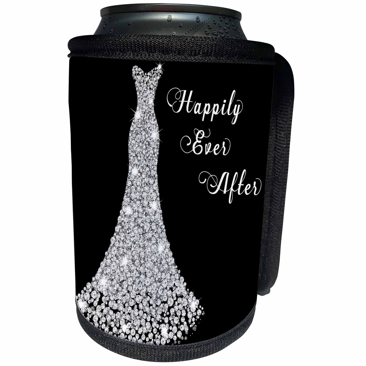 3dRose Anne Marie Baugh - Quotes - Image of Sparkle White Wedding Gown with Happily Ever After Text - Can Cooler Bottle Wrap (cc_252876)