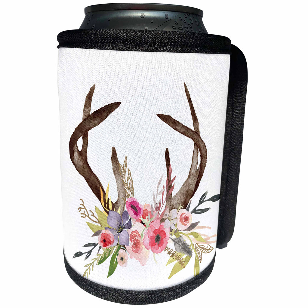 3dRose Anne Marie Baugh - Watercolor - Watercolor Pink and Blue Floral Antlers - Can Cooler Bottle Wrap (cc_252879)