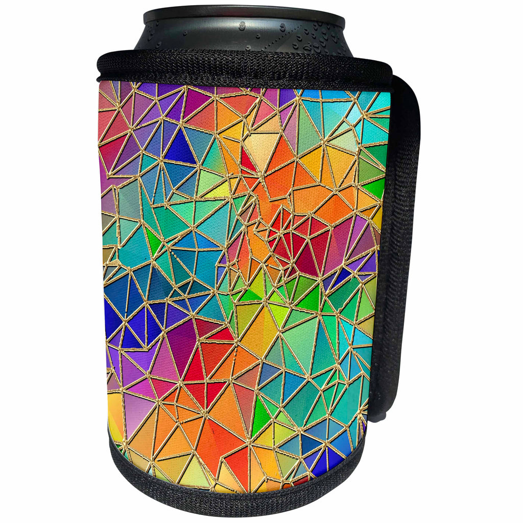 3dRose Anne Marie Baugh - Polygon - Multi-Colored Gold Trimmed Polygon Pattern - Can Cooler Bottle Wrap (cc_252882)