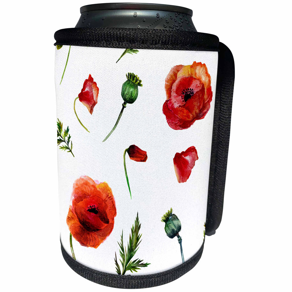 3dRose Anne Marie Baugh - Watercolor - Pretty Watercolor Red Poppy Flowers and Leaves Pattern - Can Cooler Bottle Wrap (cc_252886)