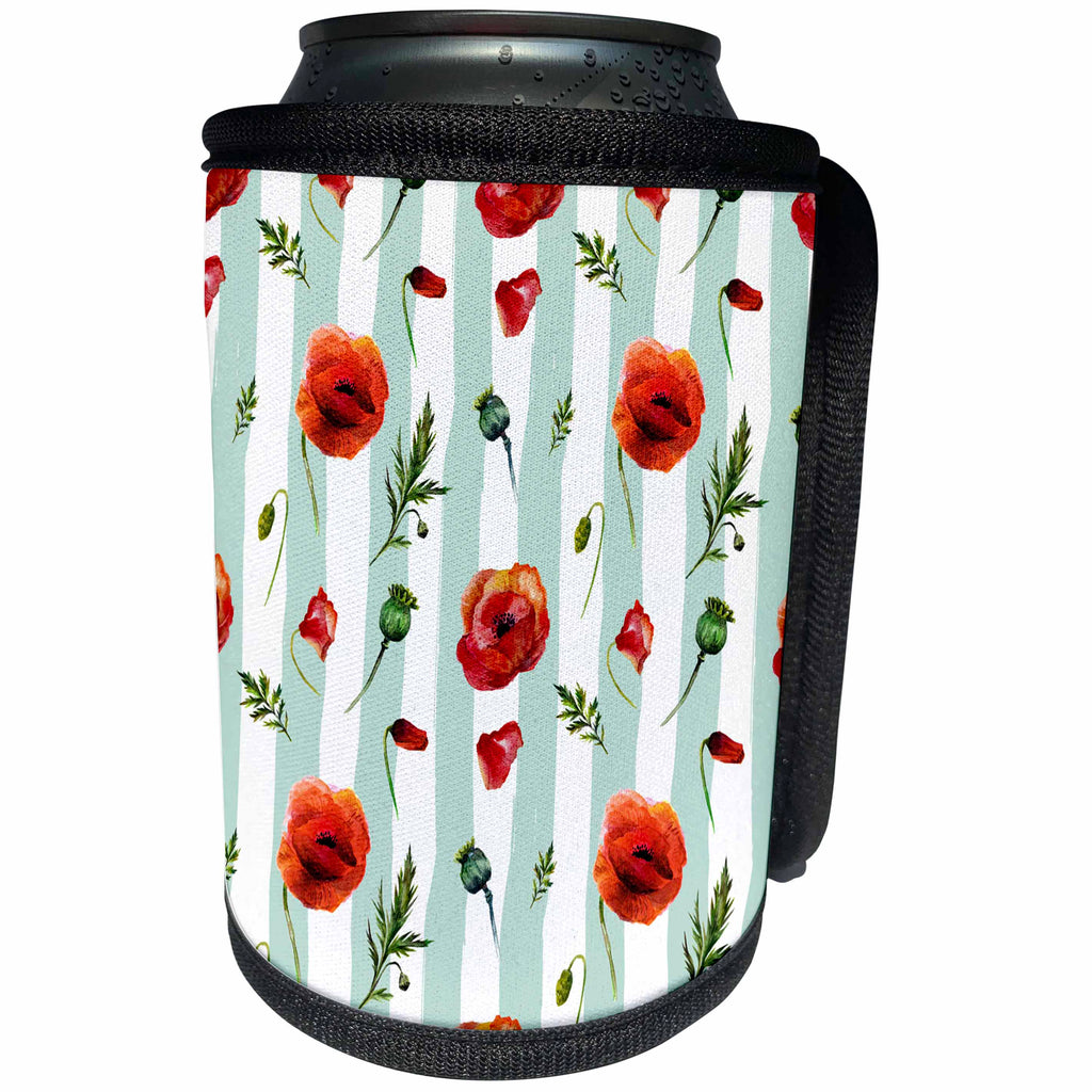 3dRose Anne Marie Baugh - Watercolor - Pretty Watercolor Red Poppy Flowers On Aqua and White Stripes - Can Cooler Bottle Wrap (cc_252887)