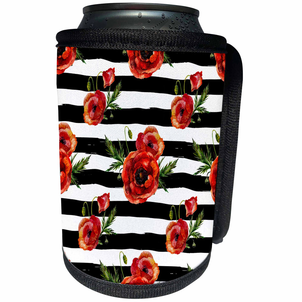 3dRose Anne Marie Baugh - Watercolor - Pretty Watercolor Red Poppy Flowers On Black and White Stripes - Can Cooler Bottle Wrap (cc_252888)