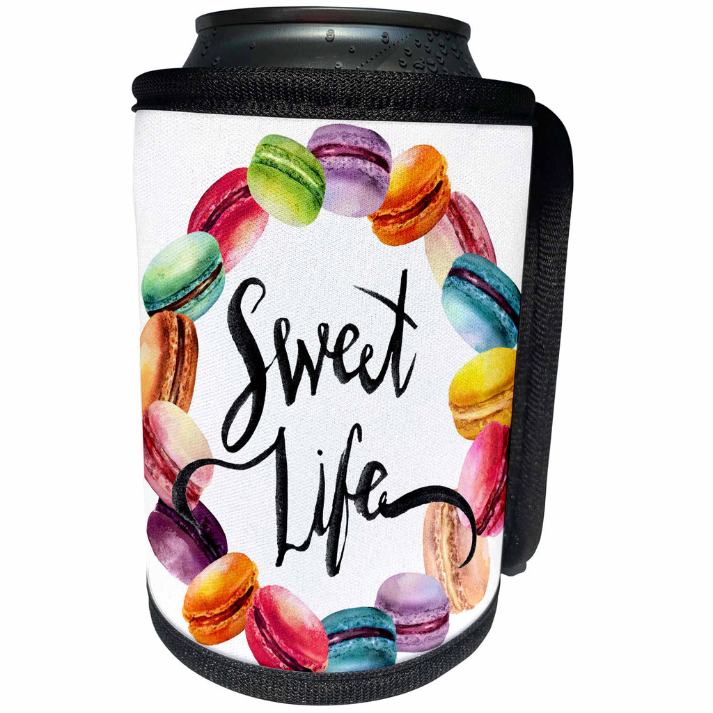 3dRose Anne Marie Baugh - Watercolor - Cute French Macaroon Cookies Wreath With Sweet Life - Can Cooler Bottle Wrap (cc_252889)