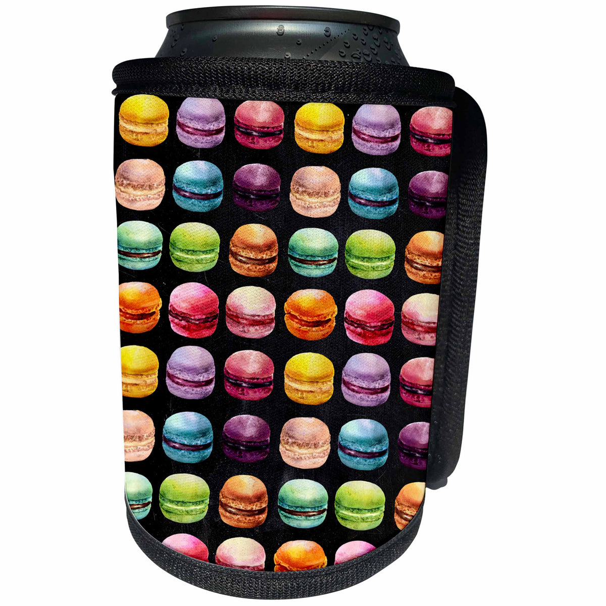 3dRose Anne Marie Baugh - Watercolor - Cute French Macaroon Cookies Pattern On A Black Background - Can Cooler Bottle Wrap (cc_252890)