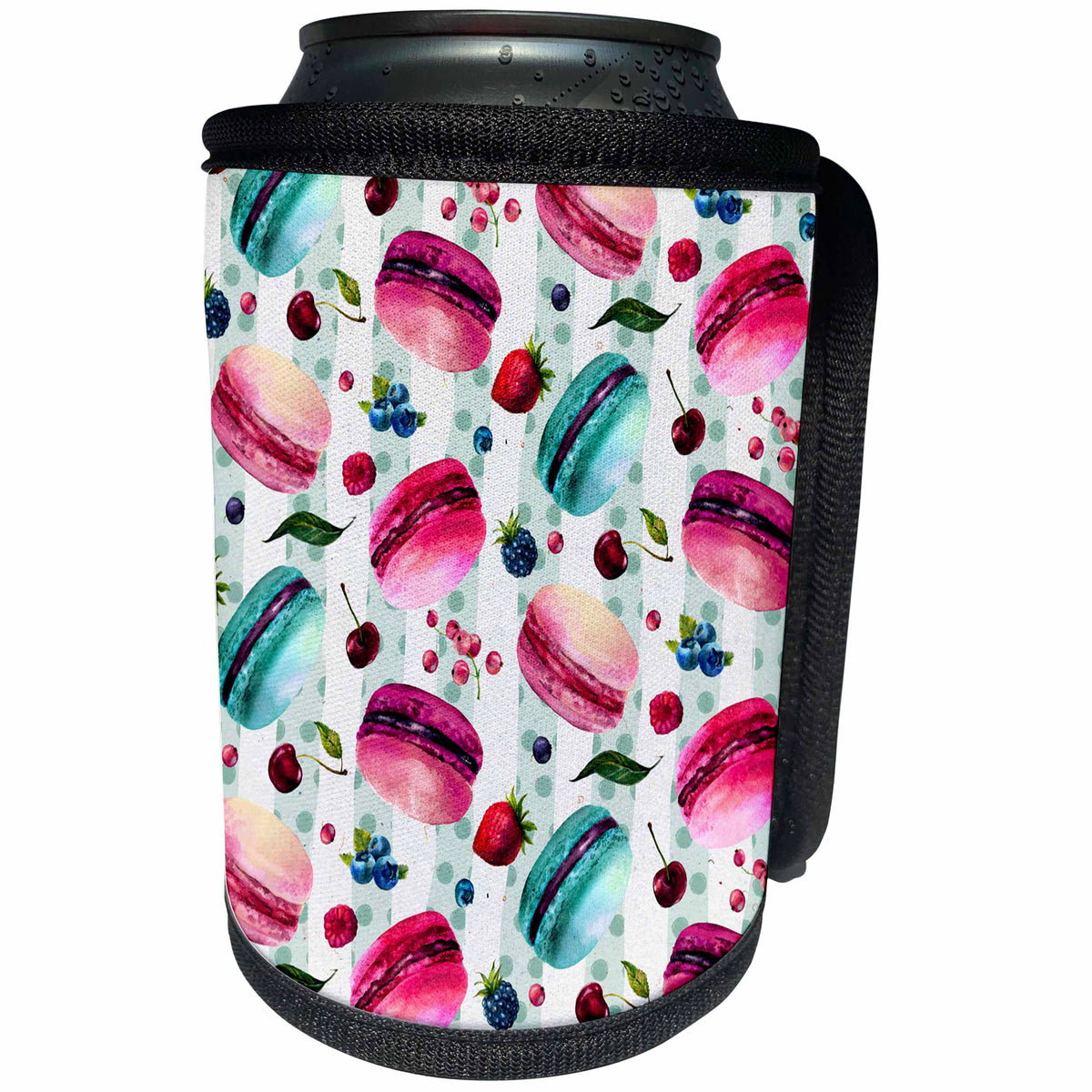 3dRose Anne Marie Baugh - Watercolor - Cute Aqua and Pink Macaroon Cookies On Aqua and White Stripes - Can Cooler Bottle Wrap (cc_252891)