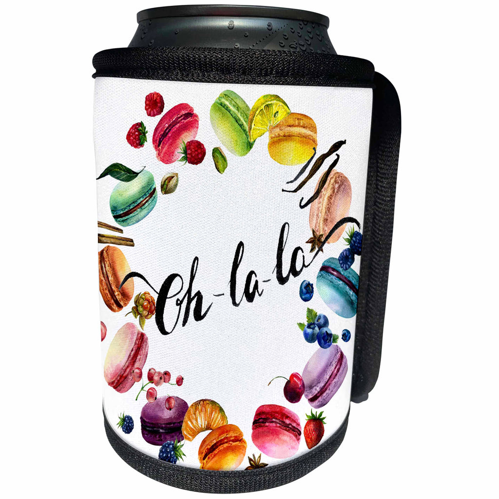 3dRose Anne Marie Baugh - Watercolor - Cute Watercolor French Macaroon Cookies Wreath With Oh La La - Can Cooler Bottle Wrap (cc_252899)