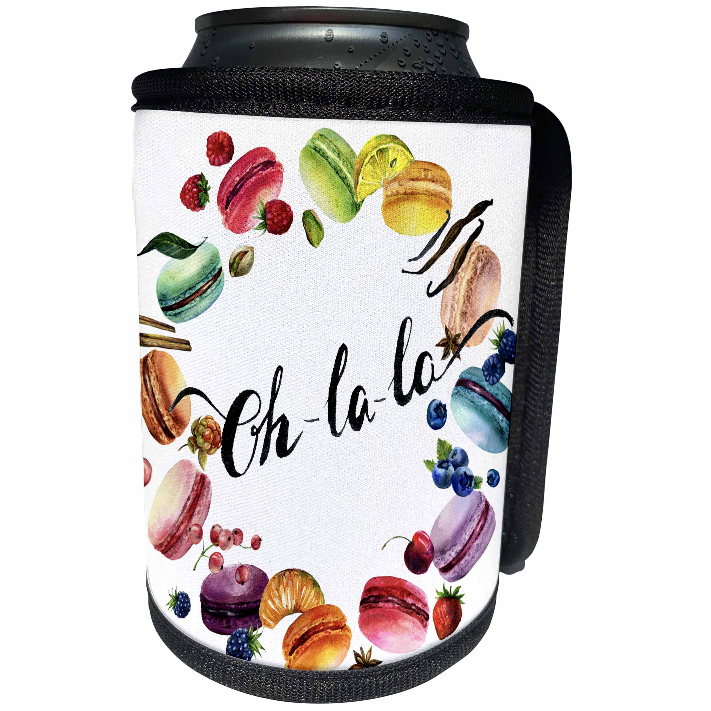 3dRose Anne Marie Baugh - Watercolor - Cute Watercolor French Macaroon Cookies Wreath With Oh La La - Can Cooler Bottle Wrap (cc_252899)