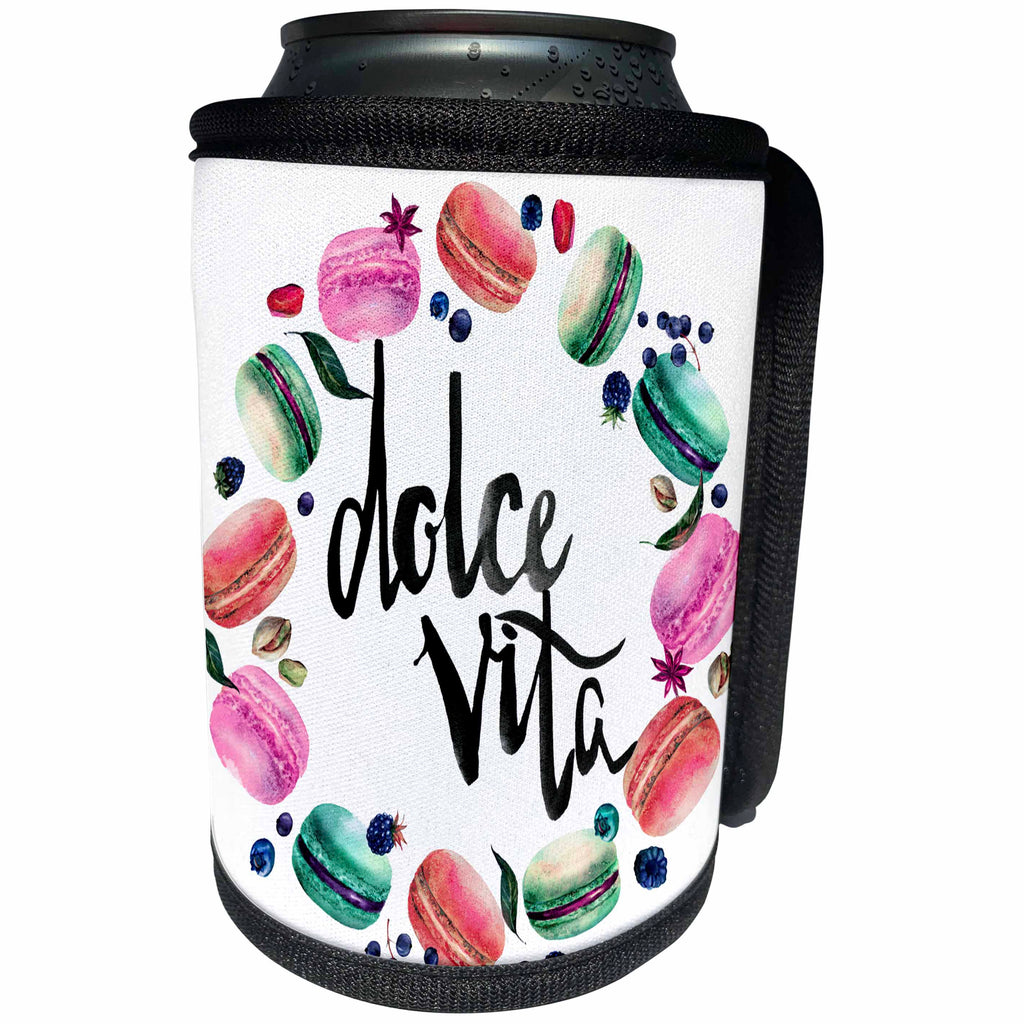 3dRose Anne Marie Baugh - Watercolor - Cute Watercolor French Macaroon Cookies Wreath with Dolce Vita - Can Cooler Bottle Wrap (cc_252900)