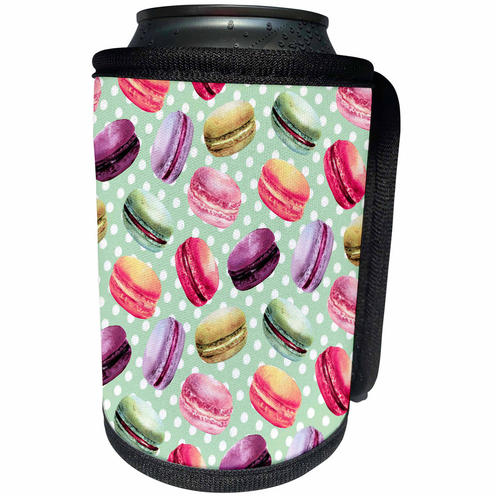 3dRose Anne Marie Baugh - Watercolor - Cute and Colorful French Macaroon Cookies On A Dotted Background - Can Cooler Bottle Wrap (cc_252901)