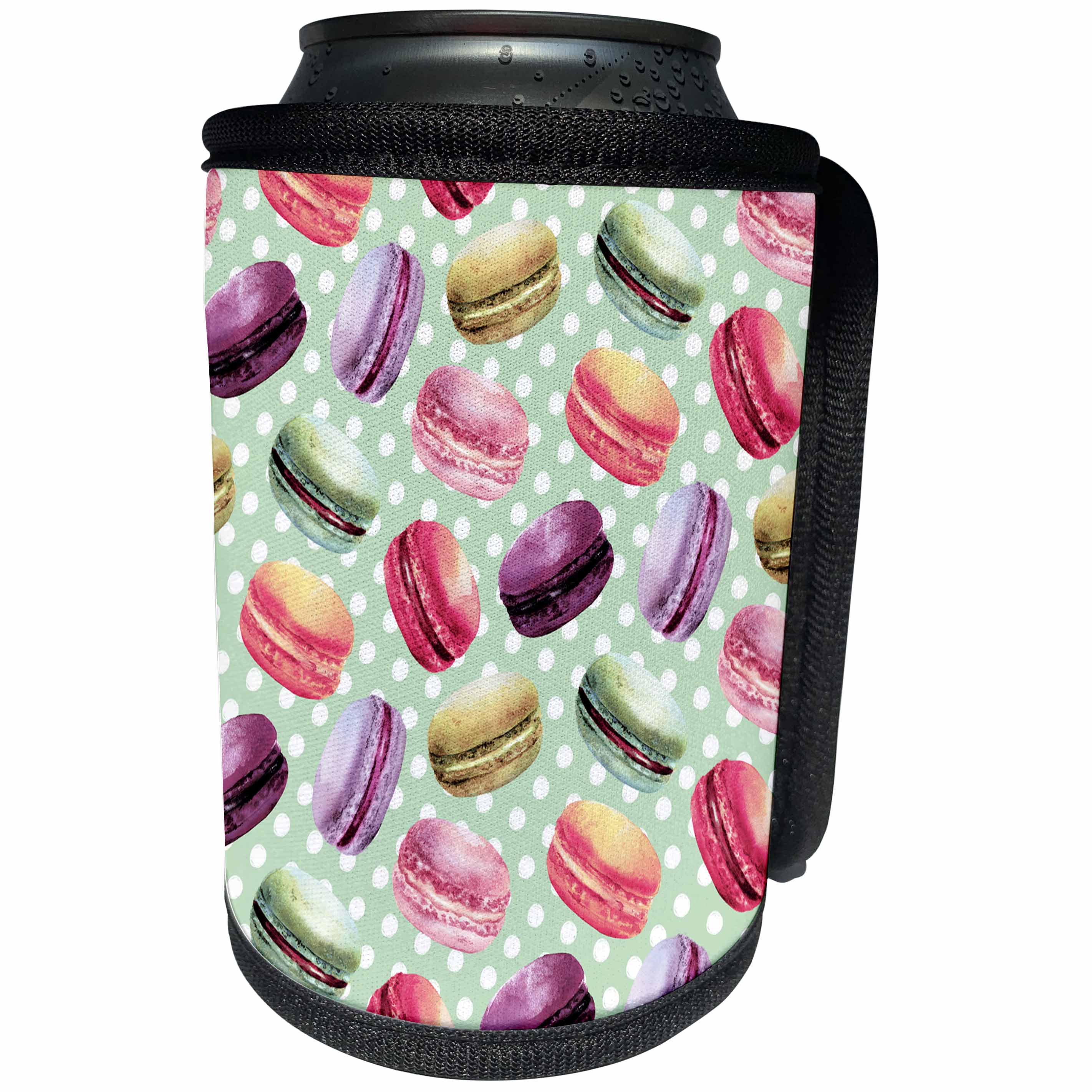 3dRose Anne Marie Baugh - Watercolor - Cute and Colorful French Macaroon Cookies On A Dotted Background - Can Cooler Bottle Wrap (cc_252901)